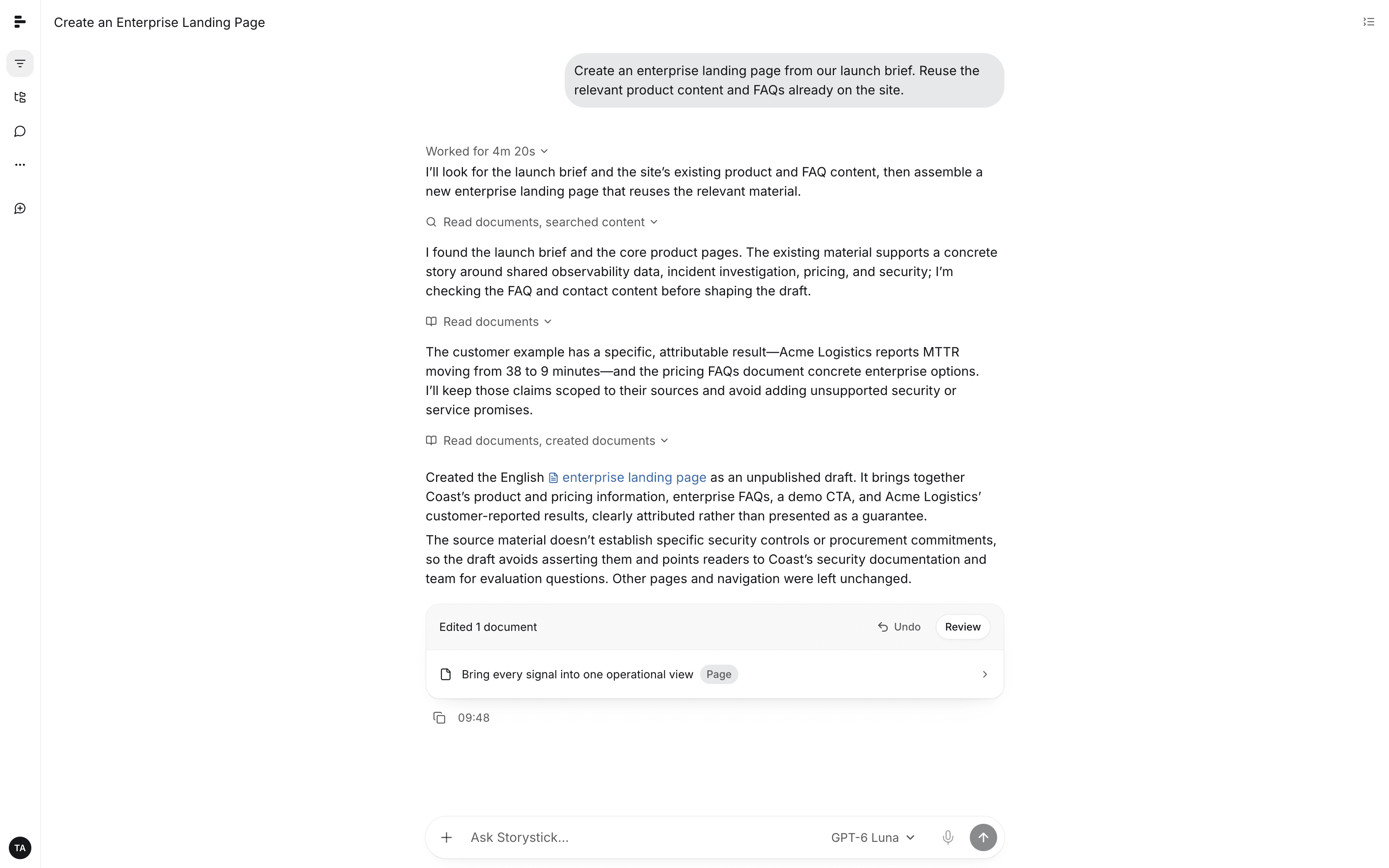 Storystick assistant editing linked content inside the same structured workspace.